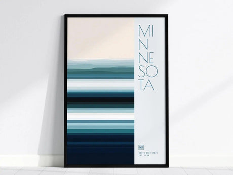 A minimalist Minnesota poster features horizontal blue and teal stripes with MINNESOTA written vertically on the right. The design includes North Star State Est. 1858 at the bottom.