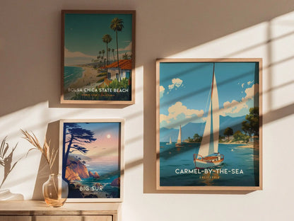 Carmel-by-the-Sea Poster - Sailboat Wall Art, California Coastal Art, Perfect Wall Decor for Home and Office, Available Framed or Unframed