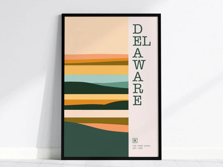 Framed minimalist poster depicting Delaware with abstract horizontal layers in earthy tones. The word Delaware is vertically aligned on the right, enhancing its modern aesthetic.