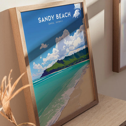 Sandy Beach, Oahu Hawaii Poster - Tropical Paradise Scene, Available Framed/Unframed, Perfect Wedding or Anniversary Gift, Hawaiian Wall Art