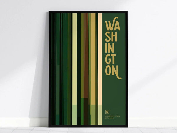 Minimalist poster featuring vertical stripes in shades of green and brown, with the word Washington in bold letters. The text Evergreen State Est. 1889 appears below.