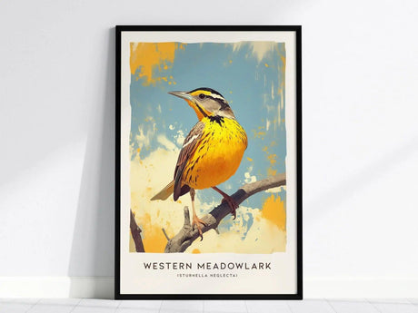 Framed poster of a Western Meadowlark perched on a branch, featuring its vibrant yellow breast and detailed plumage against a blue and orange abstract background.