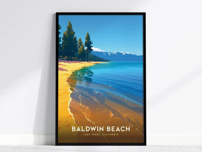 Baldwin Beach, Lake Tahoe California Poster - Scenic Shoreline View, Available Framed or Unframed, Ideal Lakehouse Decor, Airbnb Home Decor