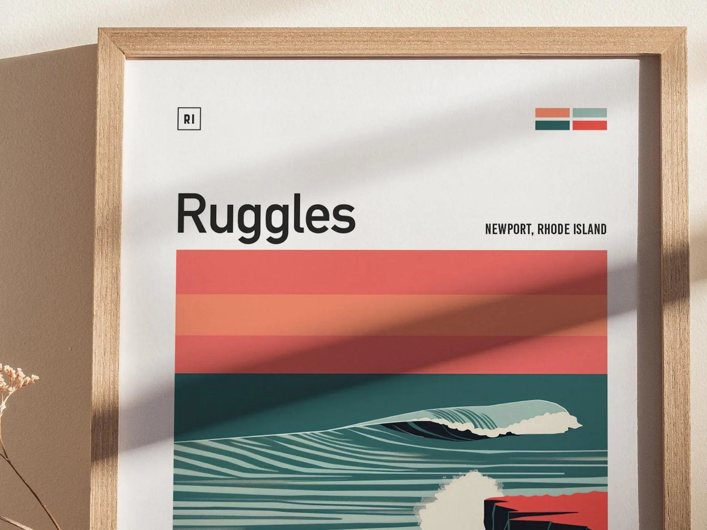 Ruggles Surf Spot Framed Poster, Newport Rhode Island Surfer Wall Art, New England Surf Travel Print, RI Decor Surfing Wave Gift