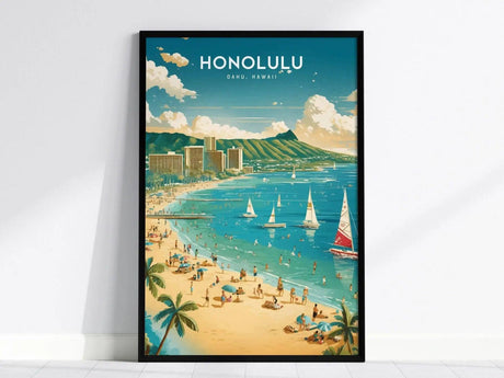 Framed poster depicting Waikiki Beach with sailboats, beachgoers, and the Diamond Head volcano under a blue sky. The text HONOLULU OAHU, HAWAII is visible at the top.