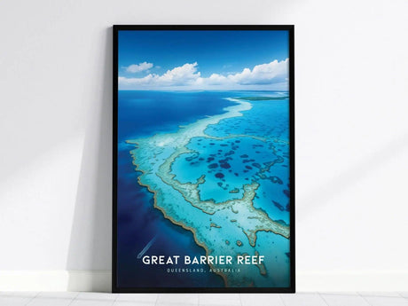Framed poster of the Great Barrier Reef showcasing vibrant turquoise waters and coral formations under a blue sky, titled Great Barrier Reef, Queensland, Australia.