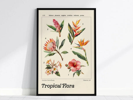 A framed poster displays six tropical flowers, including hibiscus and plumeria, in a vintage scientific illustration style with Latin names. The title reads Tropical Flora.