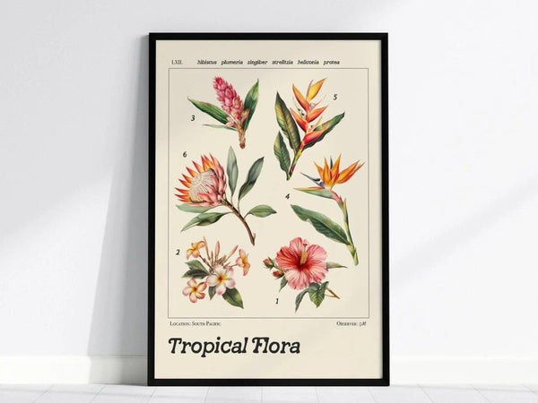 A framed poster displays six tropical flowers, including hibiscus and plumeria, in a vintage scientific illustration style with Latin names. The title reads Tropical Flora.