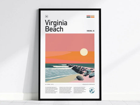 Framed poster of Virginia Beach featuring an abstract sunset over the ocean with a rocky jetty. The design includes text reading Virginia Beach and descriptive details below.