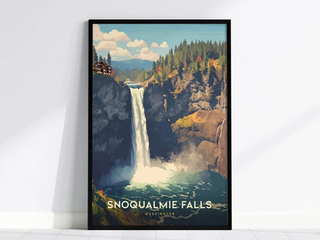 Framed poster featuring a stylized illustration of Snoqualmie Falls, with water cascading down cliffs surrounded by lush greenery and a blue sky above. Text reads Snoqualmie Falls, Washington.
