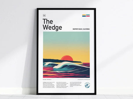 Framed poster titled The Wedge depicts stylized ocean waves with a vibrant sunset backdrop. The art features a minimalist design with bold colors, celebrating Newport Beach, California.