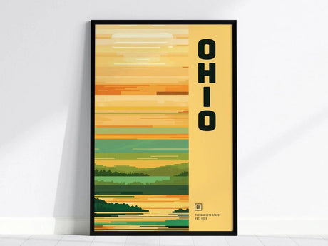 A minimalist poster with OHIO in bold letters features abstract horizontal stripes in green, yellow, and orange tones, capturing a serene landscape aesthetic.