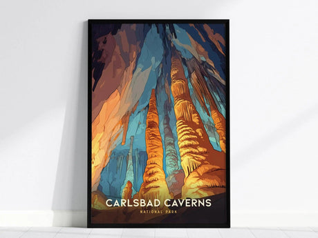 A framed poster of Carlsbad Caverns National Park features vivid rock formations and stalactites in warm and cool tones, highlighting the caves natural beauty.