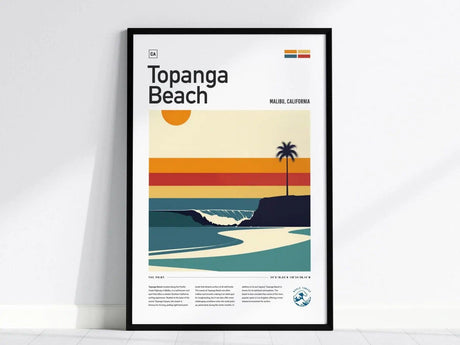 Framed Topanga Beach poster featuring a minimalist design with bold colors, palm tree silhouette, and ocean waves. Text reads Topanga Beach, Malibu, California in a modern style.