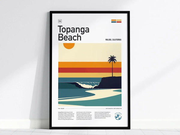 Framed Topanga Beach poster featuring a minimalist design with bold colors, palm tree silhouette, and ocean waves. Text reads Topanga Beach, Malibu, California in a modern style.