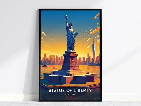 A framed poster of the Statue of Liberty against a vibrant sunset skyline, featuring New York Citys silhouette and a prominent skyscraper. The text reads Statue of Liberty New York.