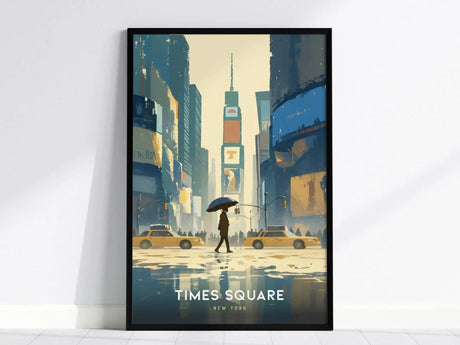 A framed poster depicting a stylized Times Square scene with a person holding an umbrella, yellow taxis, and tall buildings under a hazy sky.
