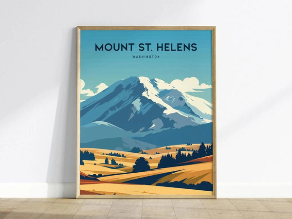 Framed poster of Mount St. Helens features a stylized landscape with blue mountains, golden fields, and scattered trees under a clear sky. Perfect for adding natural beauty to any space.