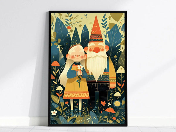 Whimsical poster depicting a gnome couple standing together, surrounded by lush plants and mushrooms. The artwork features vibrant colors and playful details, adding charm to the space.