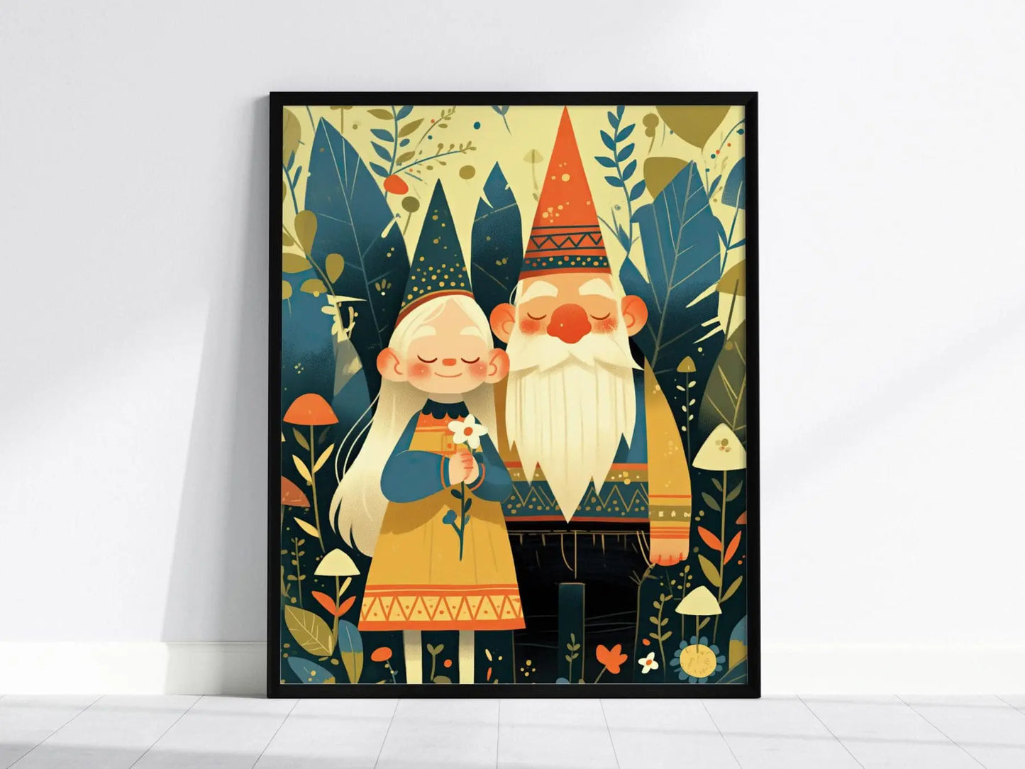 Gnome Couple Portrait Framed Wall Art Cute Garden Gnomes Poster Print Love Anniversary Cottagecore Mushroom Fantasy Forest Farm House Decor