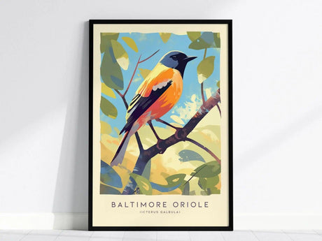 A framed illustration of a Baltimore Oriole perched on a branch, showing vibrant orange and black plumage against a colorful leafy background. The text reads Baltimore Oriole (Icterus galbula).