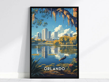 Framed poster of Orlando, Florida, featuring a stylized downtown skyline, lush greenery, and a reflective lake with a bird. Ideal for home or office decoration.