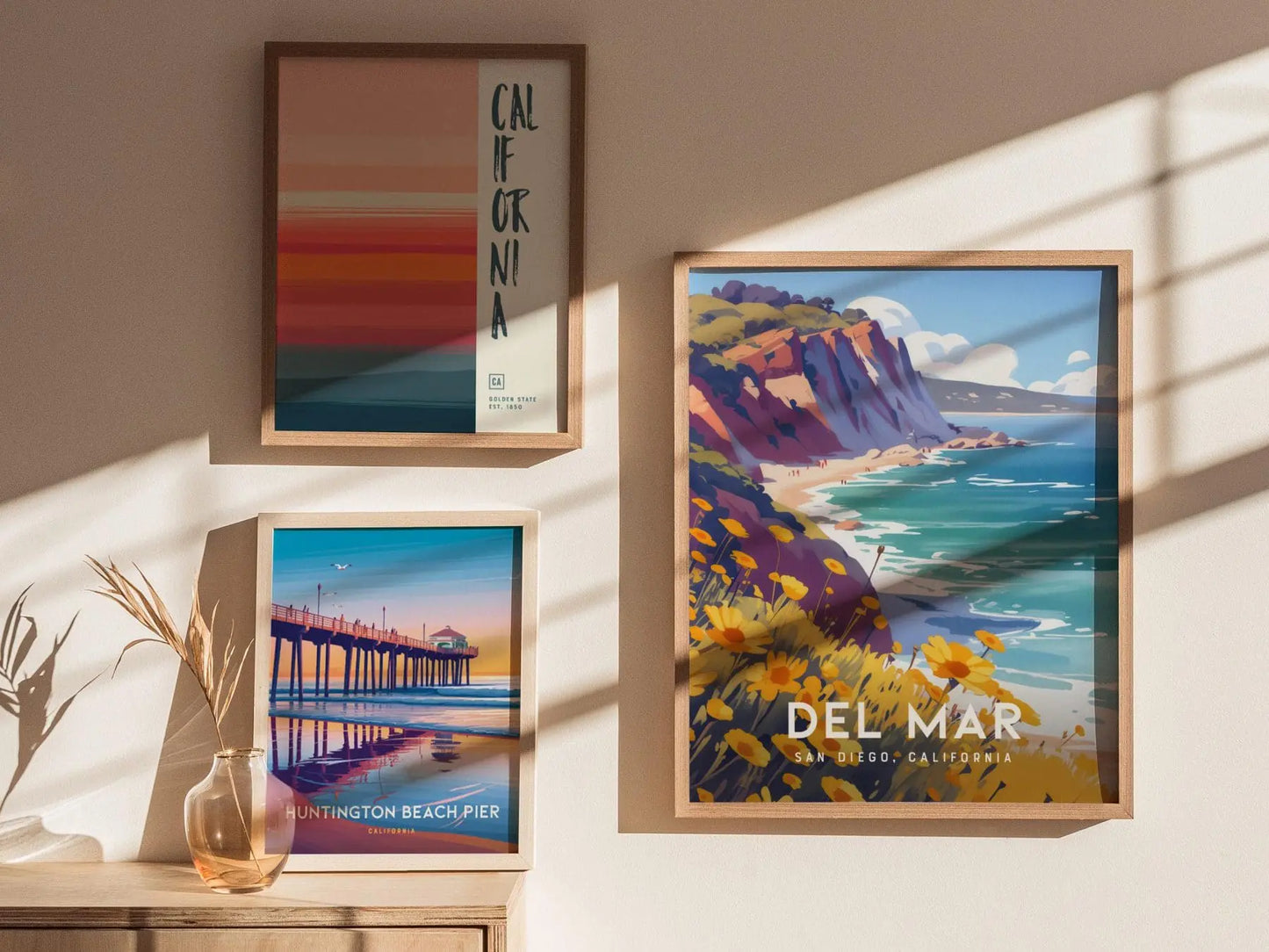 Del Mar California Framed Poster, San Diego Wall Art, SoCal Travel Print, Torrey Pines La Jolla Beach House Modern Scenic Nature Decor Gift