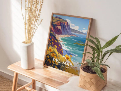 Del Mar California Framed Poster, San Diego Wall Art, SoCal Travel Print, Torrey Pines La Jolla Beach House Modern Scenic Nature Decor Gift