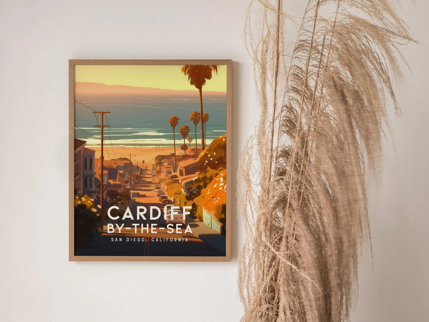 Cardiff By The Sea California Framed Poster, San Diego Wall Art, SoCal Travel Print, Beach Cottage House Modern Design Scenic Ocean Gift