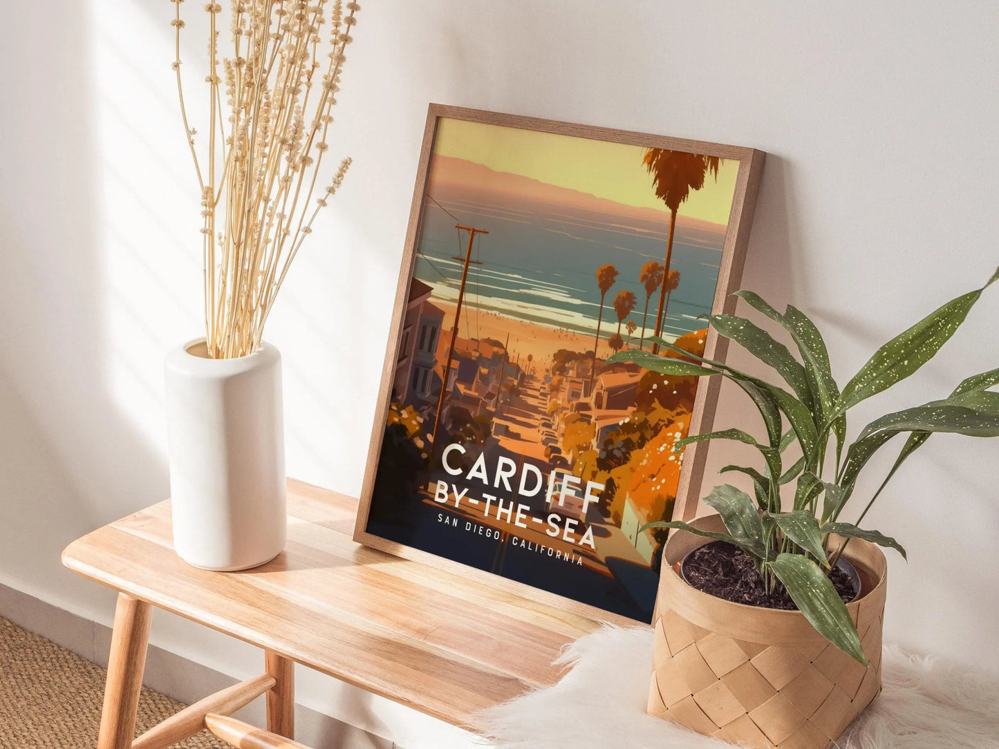 Cardiff By The Sea California Framed Poster, San Diego Wall Art, SoCal Travel Print, Beach Cottage House Modern Design Scenic Ocean Gift