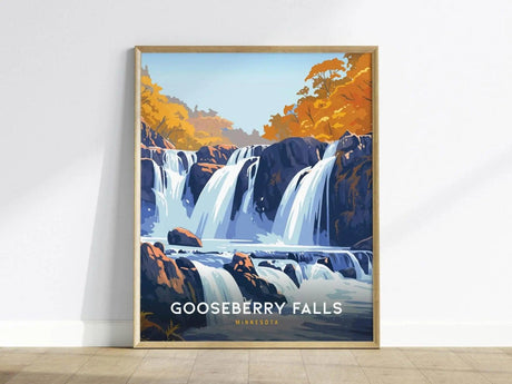 A framed poster of Gooseberry Falls features a vibrant illustration of cascading waterfalls surrounded by autumn foliage. The words Gooseberry Falls Minnesota are printed at the bottom.