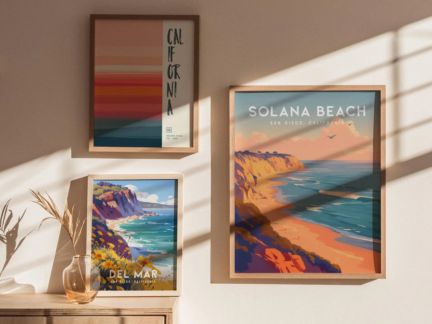 Solana Beach California Framed Poster, North County San Diego Wall Art, SoCal Travel Print, Beach Cottage Modern Scenic Coastal Ocean Gift