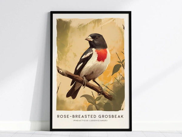 Framed poster of a Rose-breasted Grosbeak perched on a branch, showcasing its vivid rose-red breast and black-and-white plumage against a soft, artistic background.