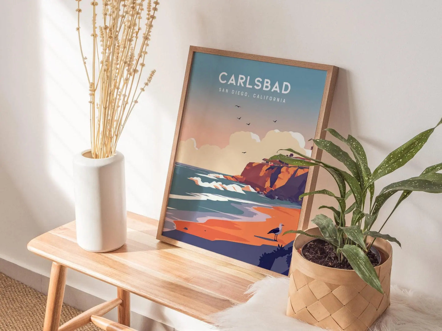 Carlsbad California Framed Poster, North County San Diego Wall Art, SoCal Travel Print, Beach House Modern Coastal Nature Ocean Sea Gift