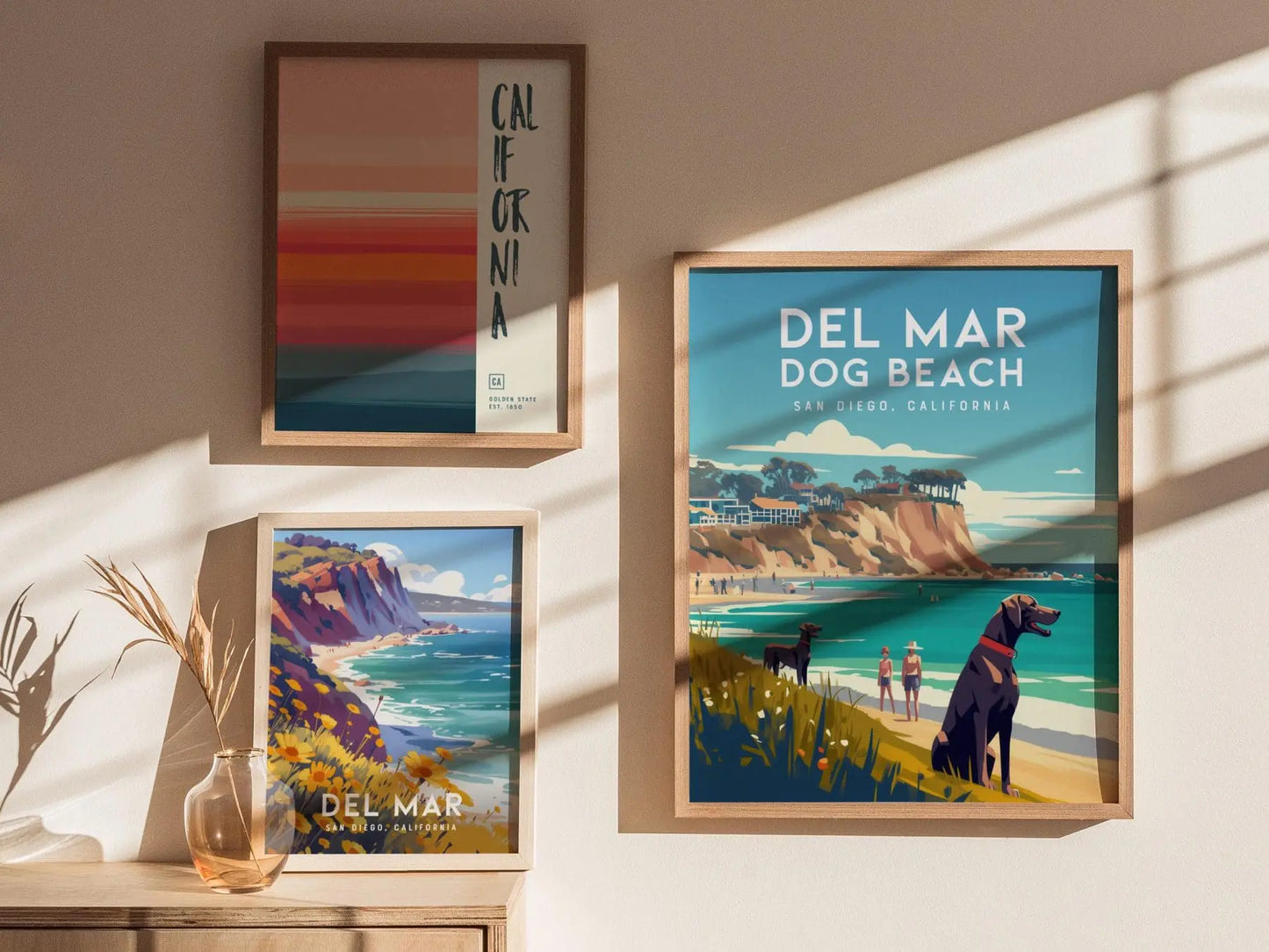 Del Mar Dog Beach California Framed Poster, San Diego Wall Art, SoCal Travel Print, Torrey Pines Modern Design Scenic Ocean Pet Lover Gift