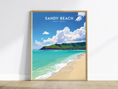 A framed poster titled Sandy Beach, Oahu, Hawaii displays vibrant turquoise waters, golden sands, and lush green mountains under a blue sky with fluffy clouds.
