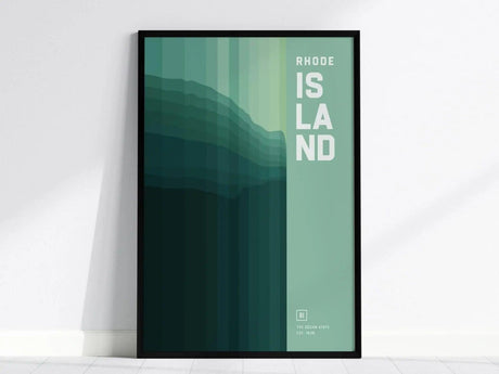 Framed abstract poster with gradient green tones, featuring the words Rhode Island in white text. The design is minimalist, suggesting oceanic themes, with The Ocean State text at the bottom.