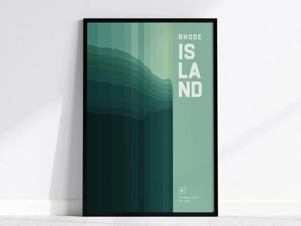 Framed abstract poster with gradient green tones, featuring the words Rhode Island in white text. The design is minimalist, suggesting oceanic themes, with The Ocean State text at the bottom.