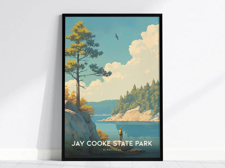 Framed poster of Jay Cooke State Park featuring a serene river landscape with trees, a person fishing, and a bird in the sky against a backdrop of fluffy clouds.