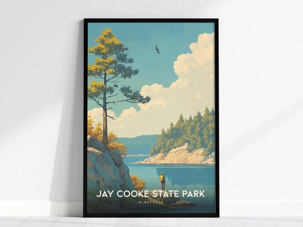 Framed poster of Jay Cooke State Park featuring a serene river landscape with trees, a person fishing, and a bird in the sky against a backdrop of fluffy clouds.