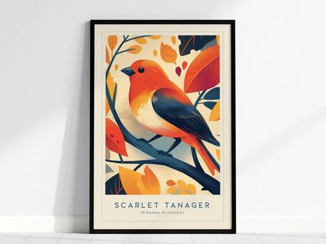 Illustrated poster of a Scarlet Tanager bird perched on a branch, featuring vibrant red and black plumage against stylized autumn leaves. Framed and displayed against a plain white wall.
