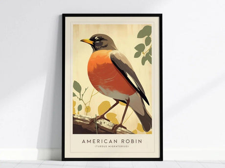 Framed artwork of an American Robin with a vibrant red breast is displayed against a soft background, featuring leaves and branches. The image is titled American Robin with scientific name.