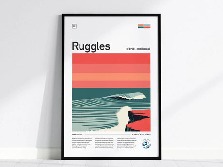 A framed poster depicting a stylized wave and cliff in Newport, Rhode Island, with vibrant sunset colors and the text Ruggles at the top.