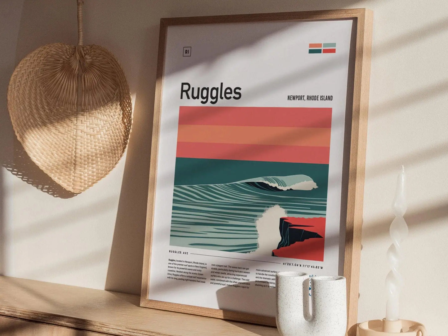 Ruggles Surf Spot Framed Poster, Newport Rhode Island Surfer Wall Art, New England Surf Travel Print, RI Decor Surfing Wave Gift