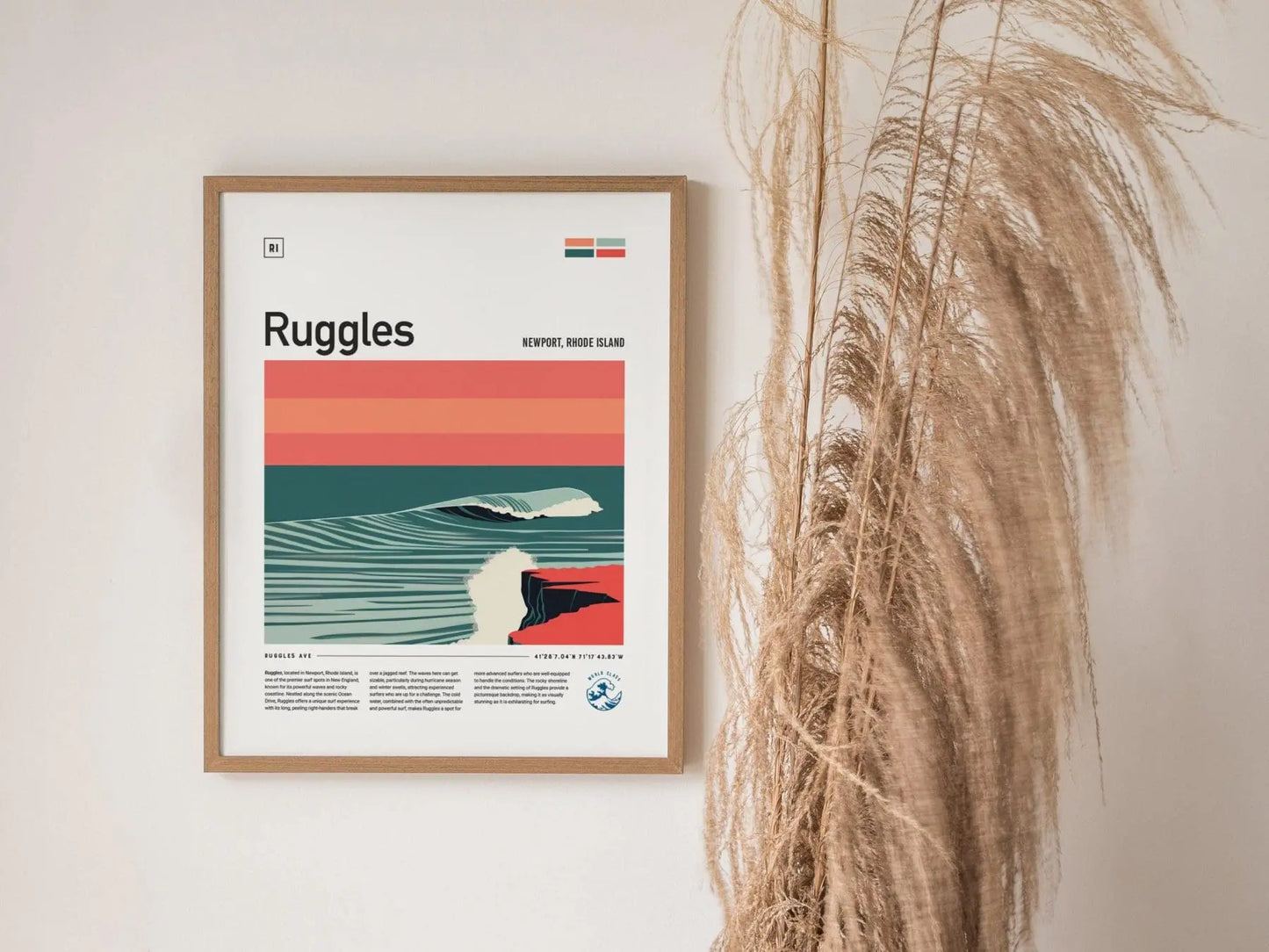 Ruggles Surf Spot Framed Poster, Newport Rhode Island Surfer Wall Art, New England Surf Travel Print, RI Decor Surfing Wave Gift