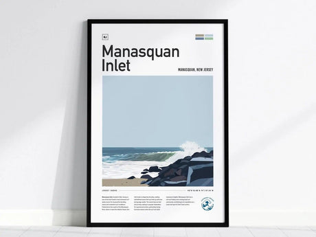 Framed Manasquan Inlet poster featuring a stylized illustration of waves crashing against a jetty under a clear blue sky. The design includes text and coordinates at the bottom.