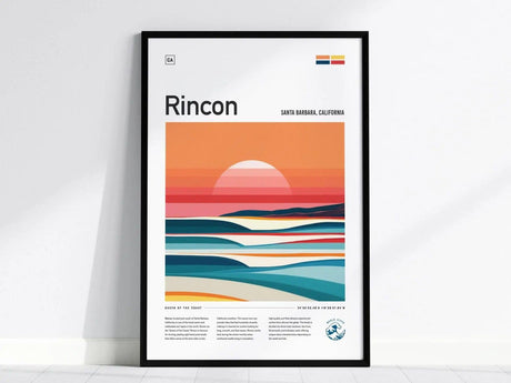 Framed Rincon surf poster featuring stylized waves in vibrant colors against a sunset backdrop, with Rincon and Santa Barbara, California text at the top.