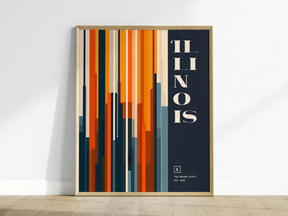 Illinois, the Prairie State Poster - Abstract Cityscape, Colorful Design, Available Framed or Unframed, Ideal for Modern Home Office Decor