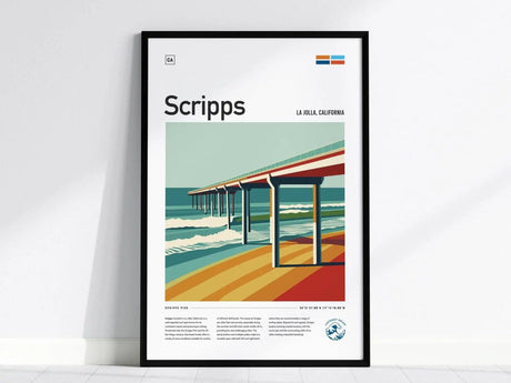 Framed poster featuring a stylized illustration of Scripps Pier in La Jolla, California, with vibrant ocean waves and sunset tones, titled Scripps. Text and coordinates are visible below.