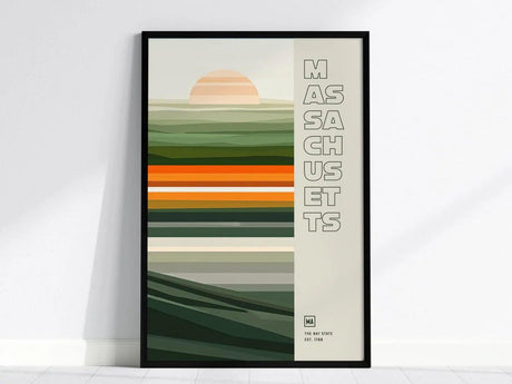 A minimalist poster features abstract horizontal stripes in green, orange, and beige tones with a stylized sun. The word Massachusetts is vertically aligned on the right.